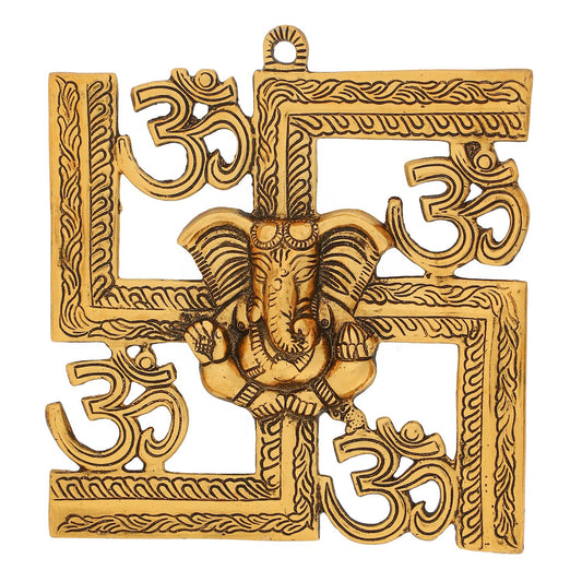 HomeSutra Lord Ganesha on Om Swastik Metal Golden Wall Hanging