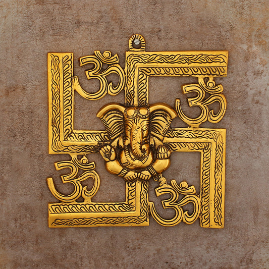 HomeSutra Lord Ganesha on Om Swastik Metal Golden Wall Hanging