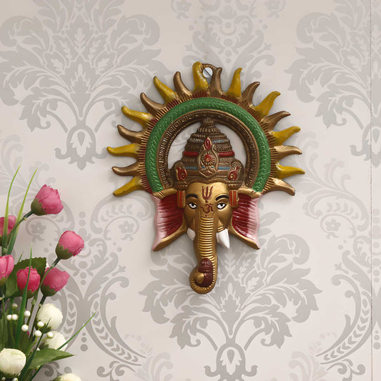 HomeSutra Colorful Lord Ganesha with Sun Decorative Metal Wall Hanging