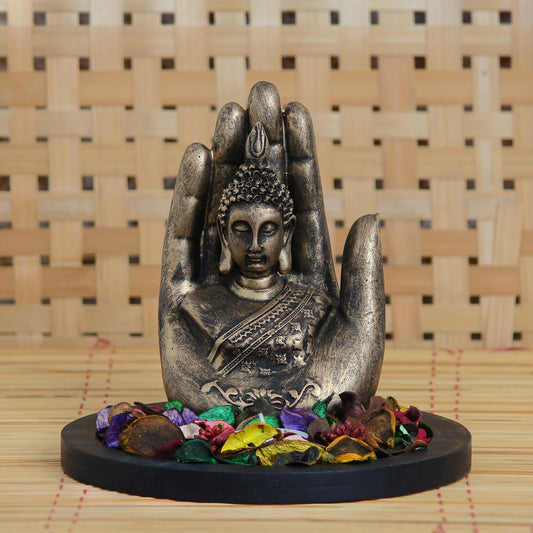 HomeSutra Copper Finish Handcrafted Palm Buddha Decorative Showpiece with Wooden Base, Fragranced Petals and Tealight