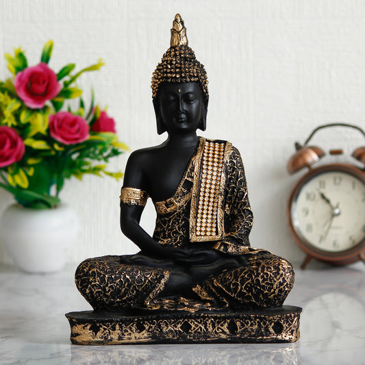 HomeSutra Black and Golden Meditating Lord Buddha Handcrafted Decorative Showpiece