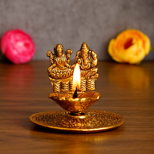 HomeSutra Goddess Laxmi & Lord Ganesha Golden Metal Diya