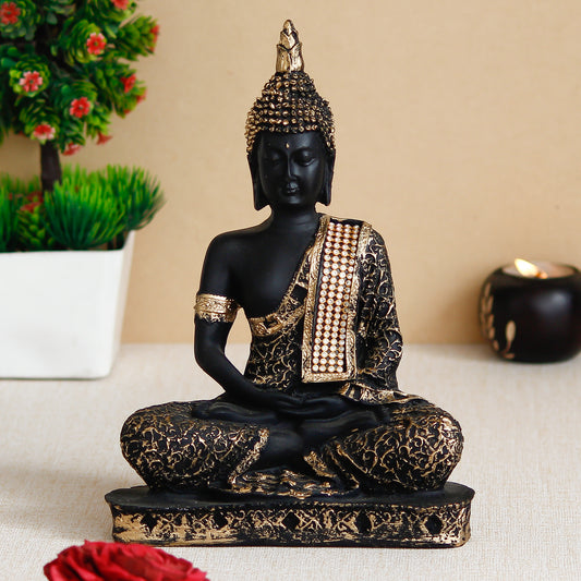 HomeSutra Black and Golden Meditating Lord Buddha Handcrafted Decorative Showpiece