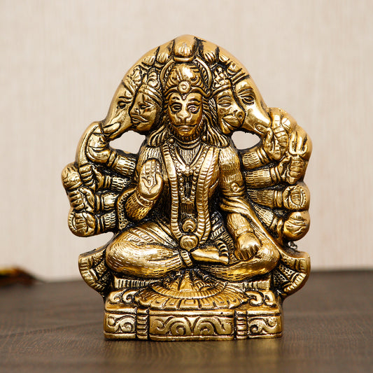 HomeSutra Golden Panch Mukhi Hanuman Metal Decorative Showpiece