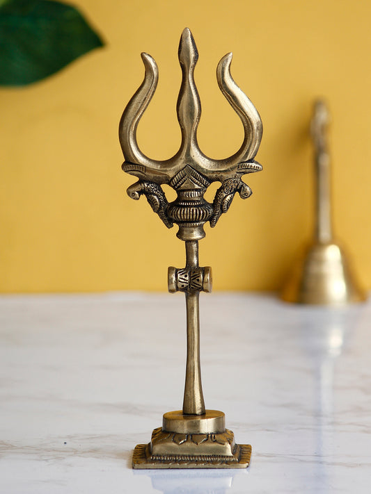 HomeSutra Brass Trishul with Damru Decorative Handcrafted Figurine