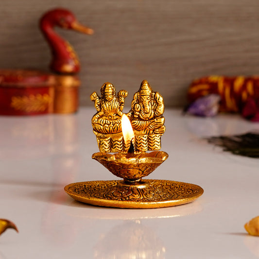 HomeSutra Goddess Laxmi & Lord Ganesha Golden Metal Diya