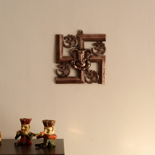 HomeSutra Lord Ganesha on Om Swastik Metal Wall Hanging